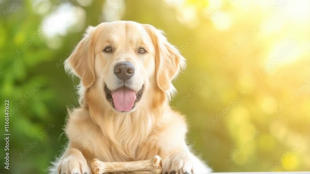 Smiling golden retriever with bone on table against green bokeh background Smiling golden retriever with bone on table against green bokeh background