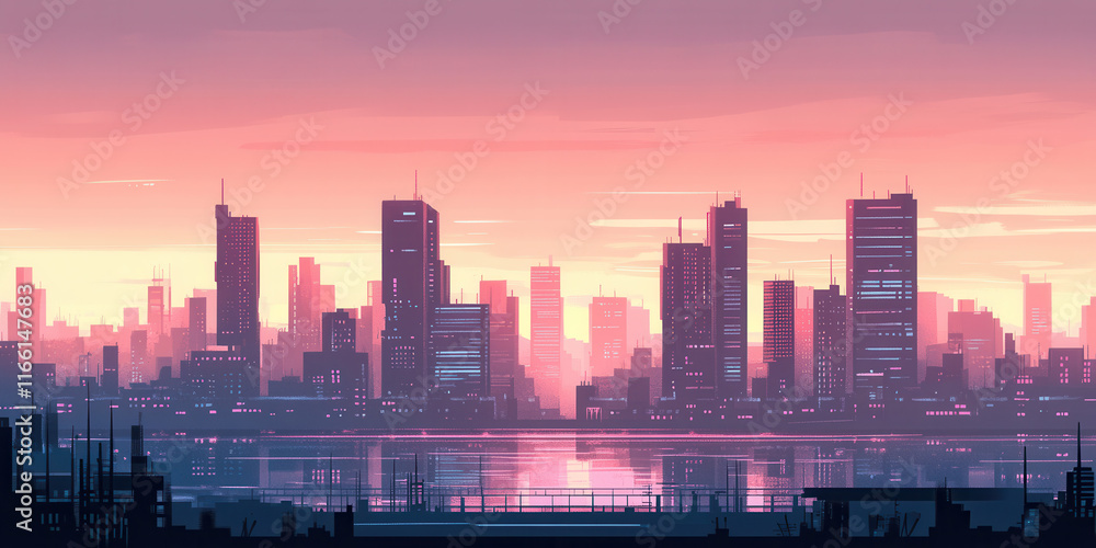 Obraz premium City skyline silhouette at dusk with colorful gradient sky.