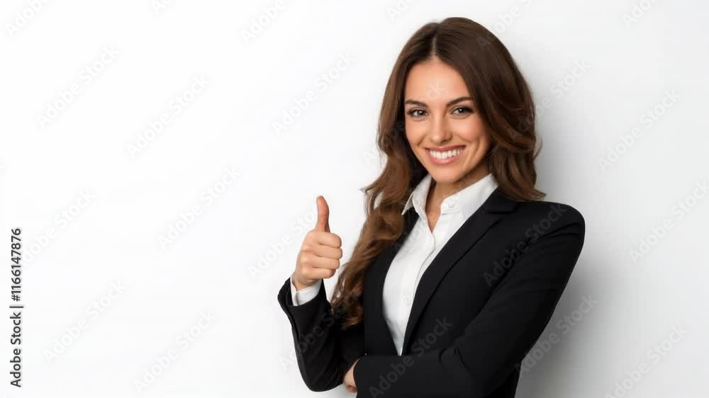 Business woman in black suit showing thumbs up against white background Business woman in black suit showing thumbs up against white background