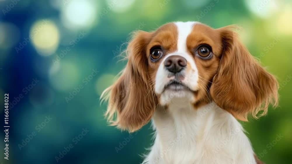 Cavalier king charles spaniel dog portrait with green bokeh background. Pets and animals content Cavalier king charles spaniel dog portrait with green bokeh background. Pets and animals content