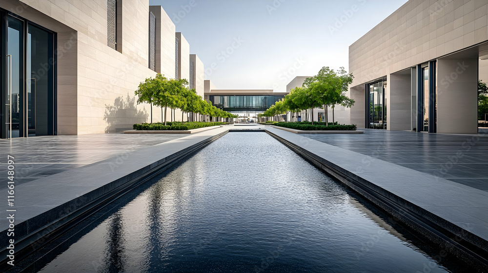 Obraz premium Dubai modern urban plaza with elegant water feature and sleek design minimalist layout