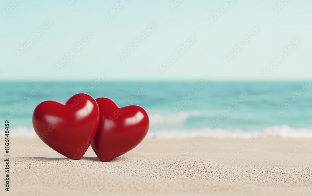 Fototapeta premium 3D two red hearts on the sand beach with an ocean background, romantic travel. Copy space.