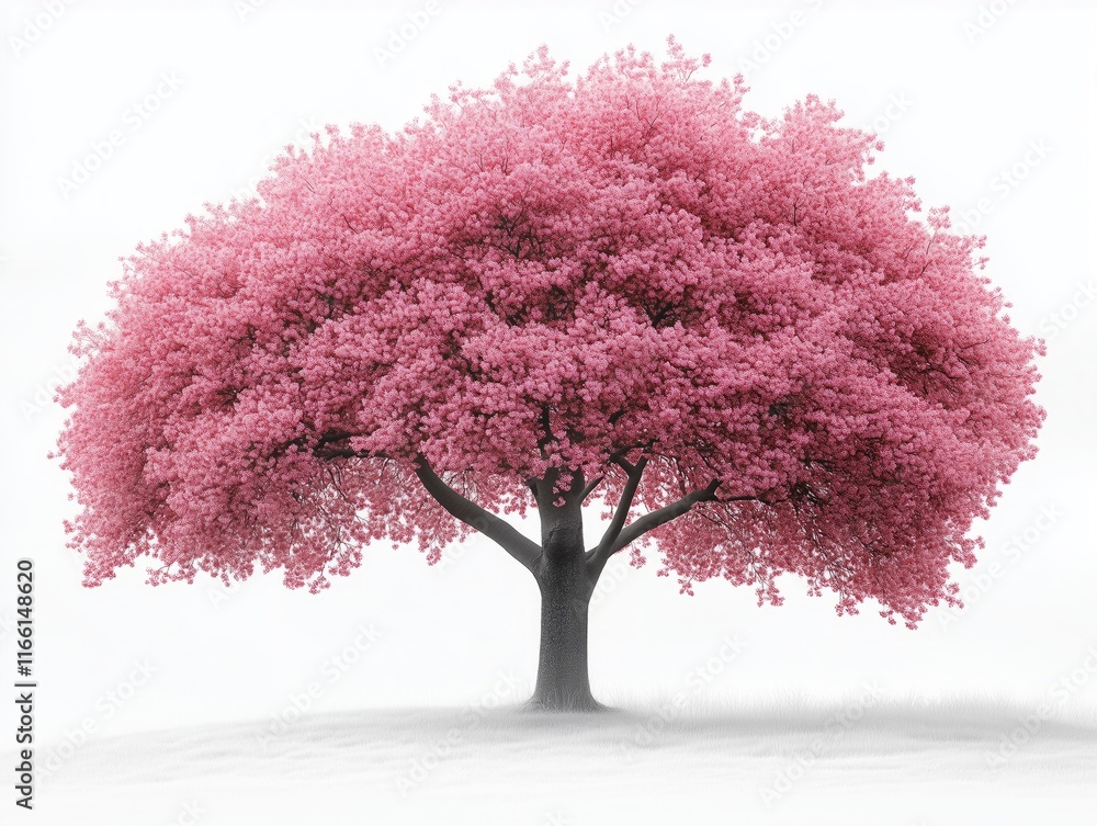 Obraz premium A spring time cherry blossom tree with pink flowers in full bloom, against a white background.