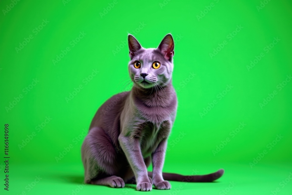 Chartreux cat posing on vibrant green screen background for easy compositing Chartreux cat posing on vibrant green screen background for easy compositing