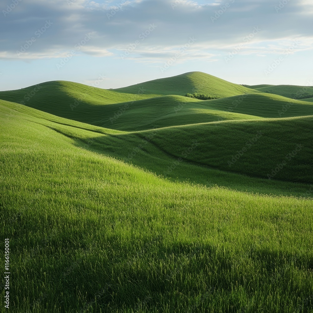 Lush Green Hills Undulating Under a Cloudy Sky During the Early Morning Light in a Serene Countryside Setting Lush Green Hills Undulating Under a Cloudy Sky During the Early Morning Light in a Serene Countryside Setting