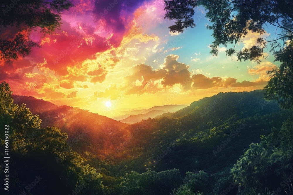 Vibrant Sunset Over Lush Green Mountain Range