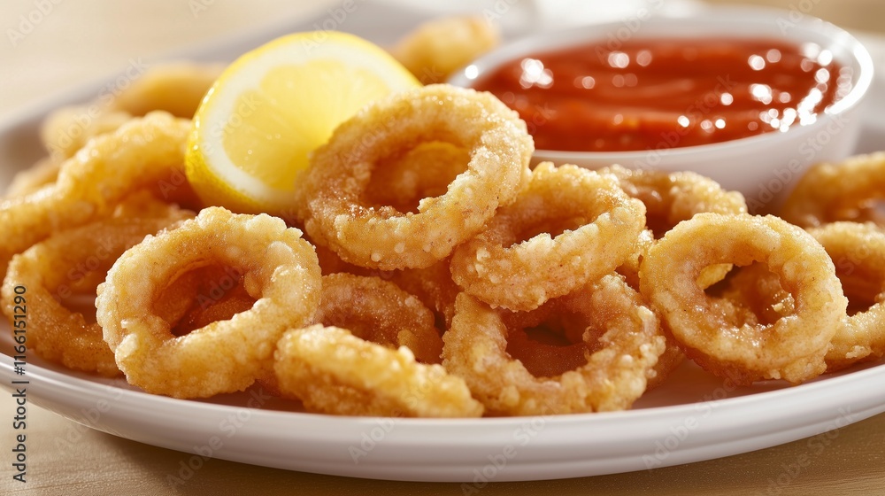 A platter of crispy calamari rings lightly dusted with flour, fried to a golden brown, and served with a wedge of lemon and a side of tangy marinara sauce for dipping. A platter of crispy calamari rings lightly dusted with flour, fried to a golden brown, and served with a wedge of lemon and a side of tangy marinara sauce for dipping.