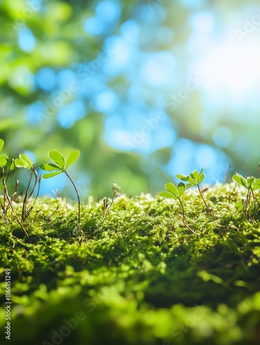 Green Moss and Small Plants Thrive Under Sunlight in a Forest, Showcasing Nature's Resilience and Beauty in a Serene Outdoor Setting photo