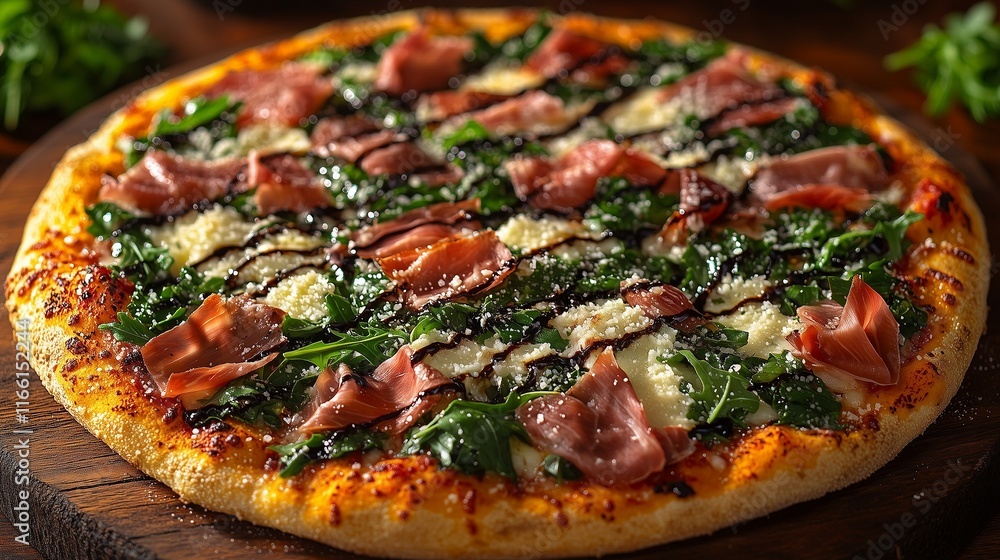 A rustic wood-fired pizza topped with prosciutto, arugula, and shaved parmesan, drizzled with balsamic glaze, served on a wooden pizza board. A rustic wood-fired pizza topped with prosciutto, arugula, and shaved parmesan, drizzled with balsamic glaze, served on a wooden pizza board.