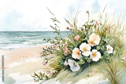 Wallpaper Mural Beautiful Coastal Landscape With Blooming Flowers and Gentle Waves on the Shore During a Calm Day Torontodigital.ca