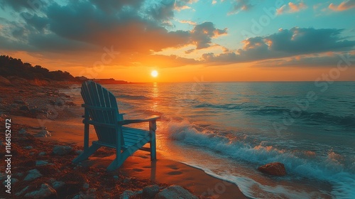 Sunset over a tranquil beach with an empty chair