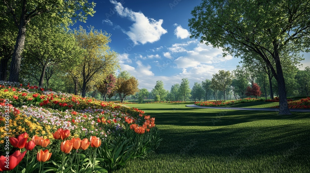 Obraz premium Colorful Spring Garden With Blooming Flowers and a Bright Blue Sky in an Idyllic Park Setting Showcasing the Beauty of Nature