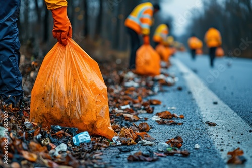 Community members clean up roadside litter during autumn cleanup event on a rainy day photo