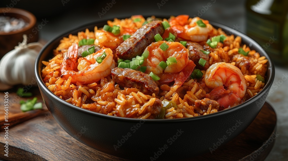 A spicy bowl of jambalaya filled with shrimp, sausage, and rice, seasoned with Cajun spices and garnished with chopped green onions. A spicy bowl of jambalaya filled with shrimp, sausage, and rice, seasoned with Cajun spices and garnished with chopped green onions.