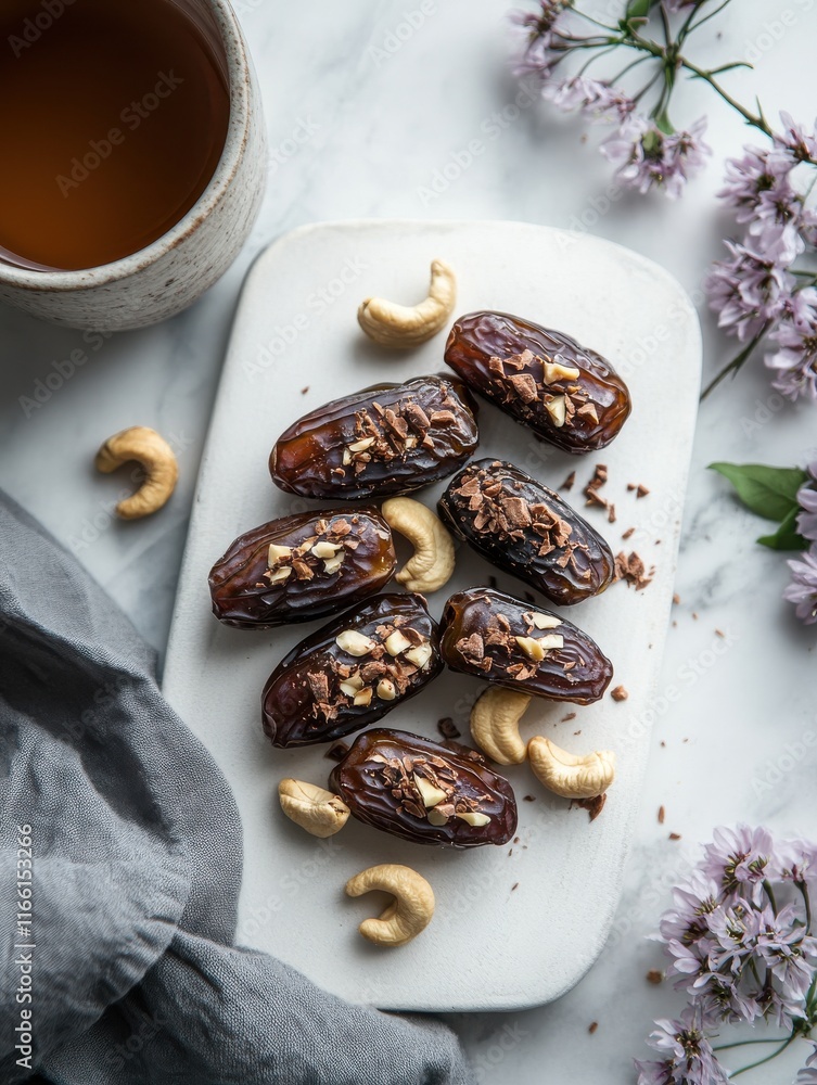 Deliciously Crafted Sweet Medjool Dates Topped with Nuts and Chocolate Flakes Paired with Herbal Tea on a Marble Surface Surrounded by Flowers