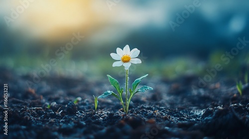 Fototapeta Naklejka Na Ścianę i Meble -  Single white flower blooming in dark soil at sunrise.