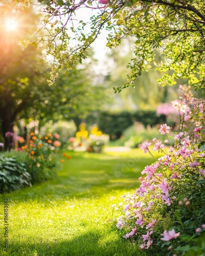 Colorful Flowers Bloom in a Serene Garden Under Soft Sunlight During a Peaceful Afternoon in Early Summer