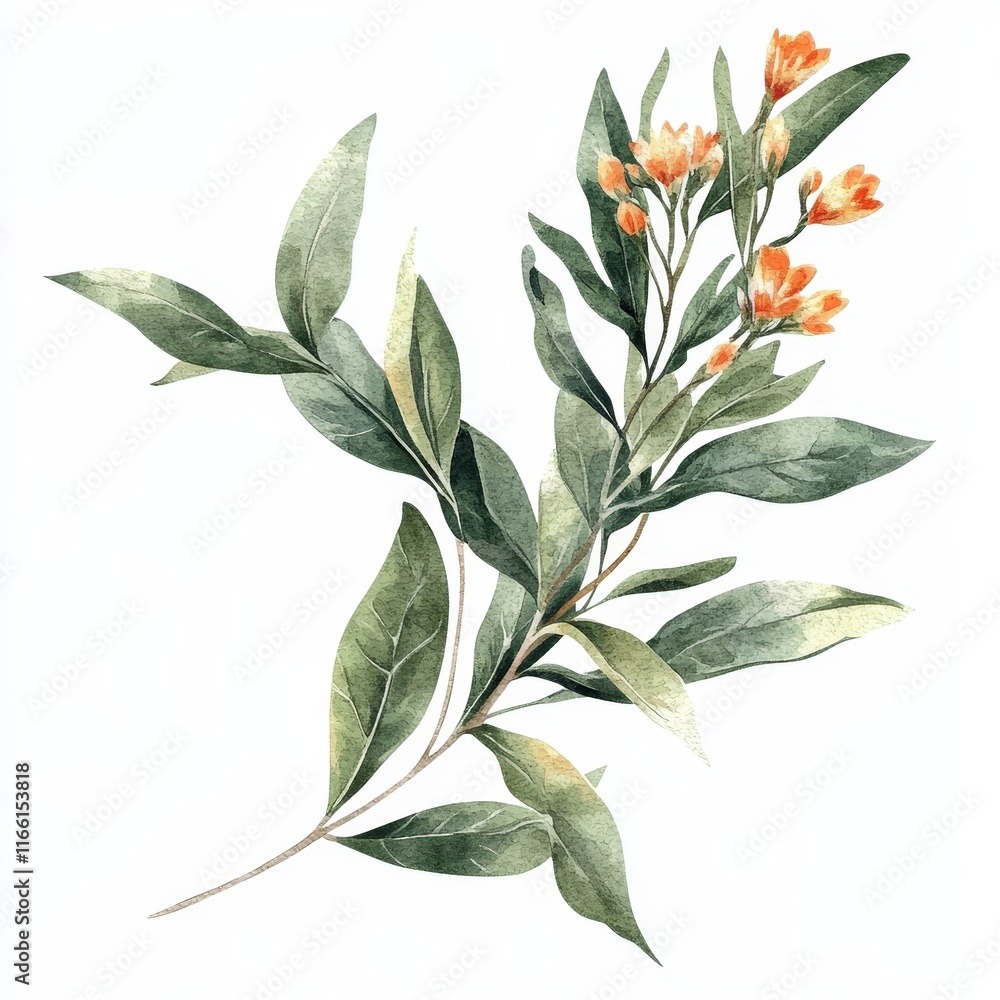 Obraz premium Vibrant Botanical Illustration of Orange Flowers and Green Leaves Showcasing Natural Beauty and Artistry in Plant Design