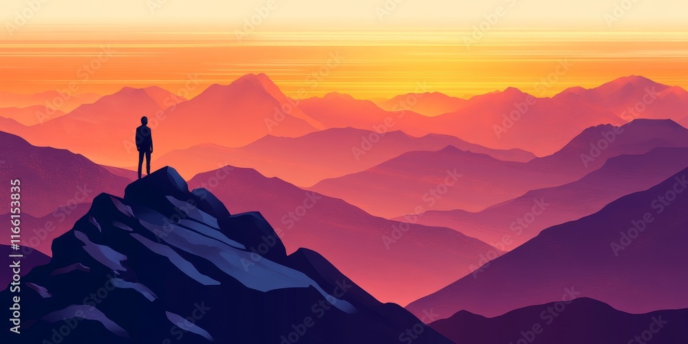 Sunset View of a Hiker Standing on a Mountain Peak Overlooking a Breathtaking Landscape With Rolling Hills and Vibrant Colors During Dusk