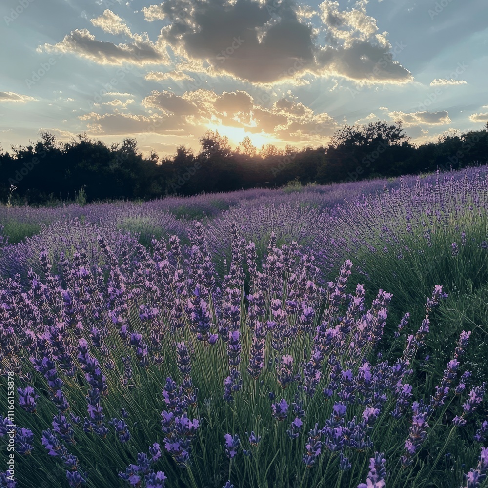 Obraz premium Lavender Field Blooms at Sunset With Vibrant Colors and Dramatic Clouds Against a Serene Sky