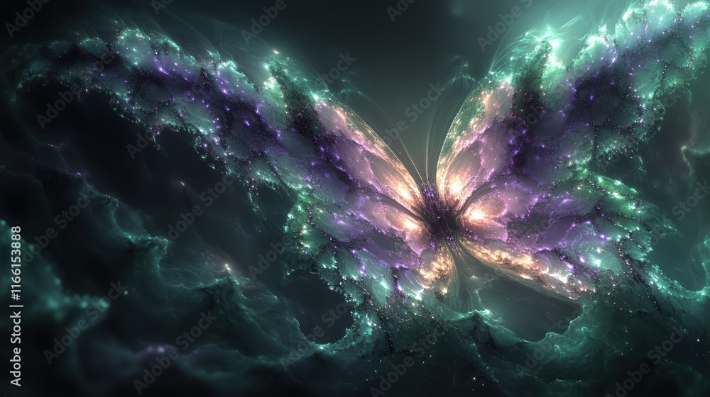 Fototapeta premium Glowing nebula butterfly in dark space.