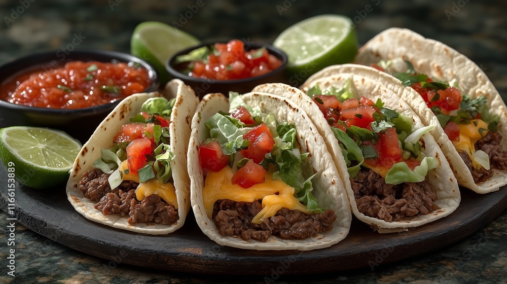 A trio of soft tacos filled with seasoned beef, shredded lettuce, cheddar cheese, and diced tomatoes, served with a side of spicy salsa and lime wedges. A trio of soft tacos filled with seasoned beef, shredded lettuce, cheddar cheese, and diced tomatoes, served with a side of spicy salsa and lime wedges.