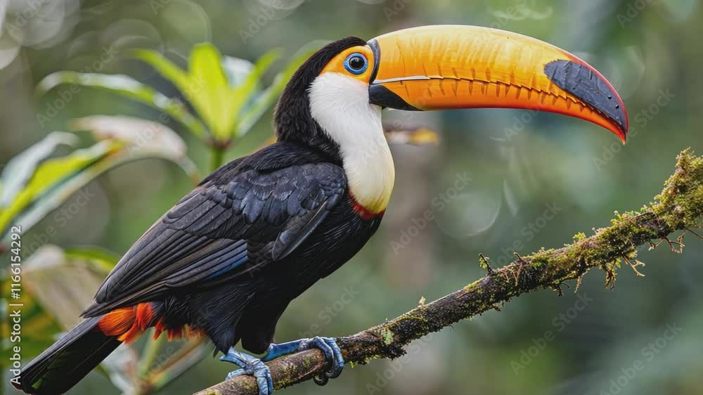 Vibrant Toucan perched on a branch in a lush rainforest, its striking colors and unique beak a symbol of tropical beauty and exotic wildlife. Vibrant Toucan perched on a branch in a lush rainforest, its striking colors and unique beak a symbol of tropical beauty and exotic wildlife.