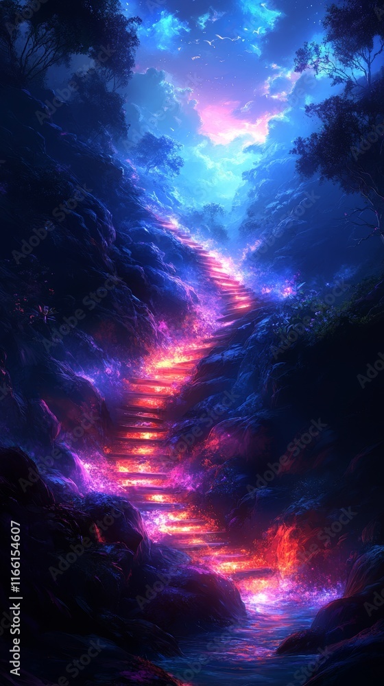 Fototapeta premium Stairway Illuminated by Vibrant Colors in a Mystical Forest at Dusk, Creating an Enchanting Pathway Through Nature's Beauty