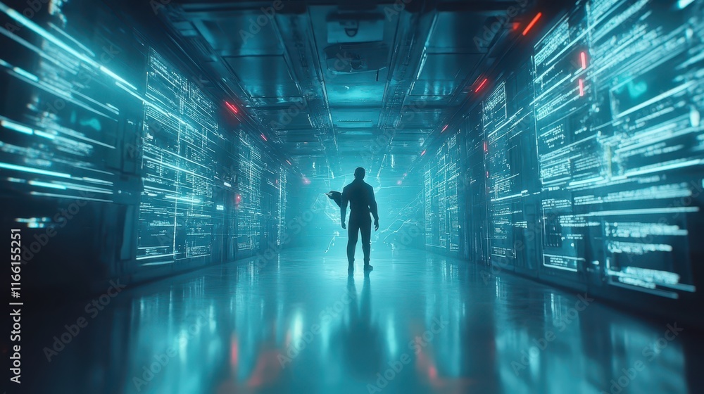 Man navigating darkened server room, visual journey through technological infrastructure Man navigating darkened server room, visual journey through technological infrastructure