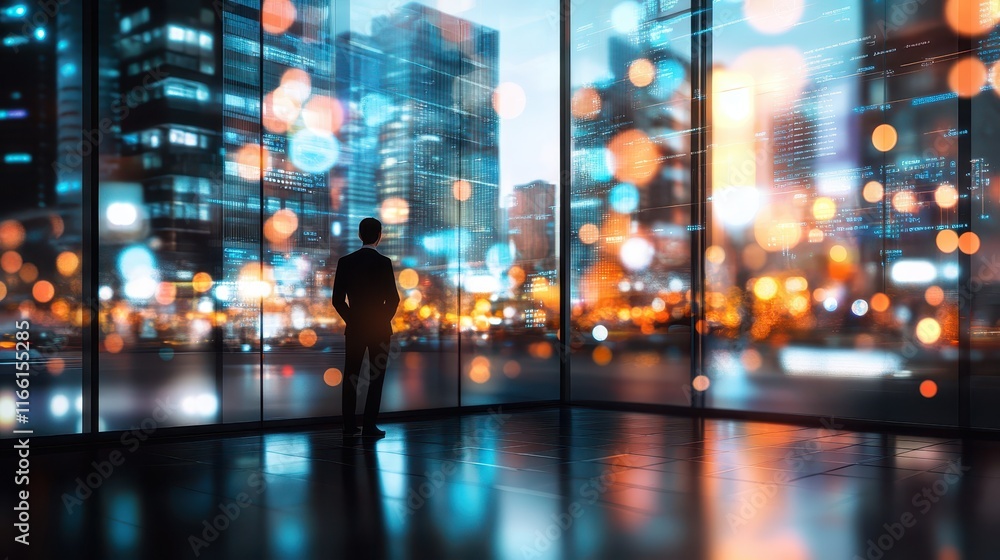 Fototapeta premium Silhouette of person by large window, contemplative moment in an urban setting