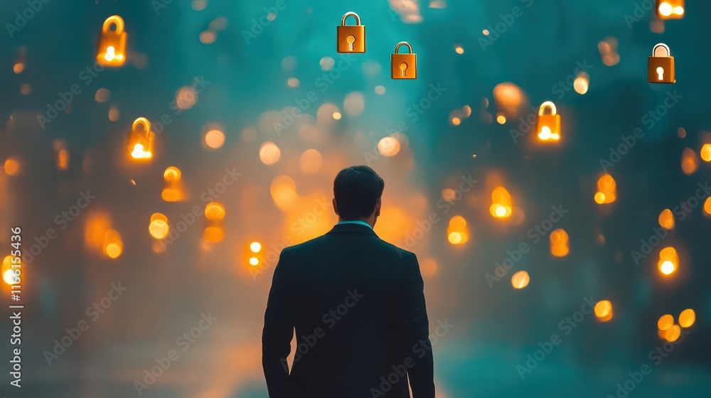 Man in suit contemplates dazzling display of illuminating lights Man in suit contemplates dazzling display of illuminating lights