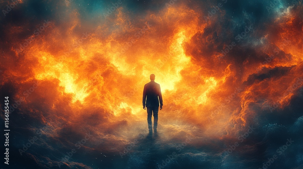 Silhouette of a person walking into a fiery horizon Silhouette of a person walking into a fiery horizon