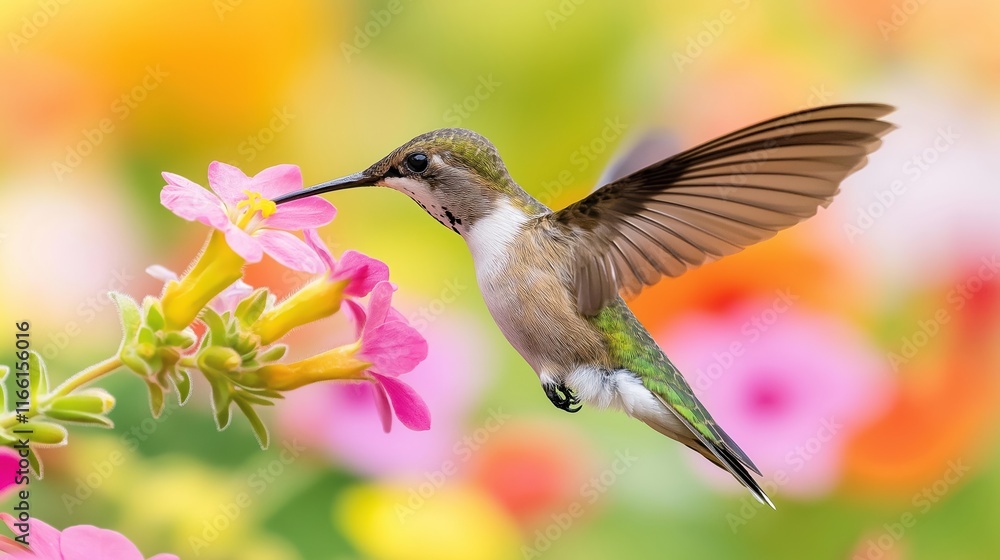 Fototapeta premium Small hummingbird feeds on nectar from bright pink flowers. Bird hovers in air near colourful flowers. Wildlife scene shows small bird feeding. Vibrant colours, focus on detail in nature photo.