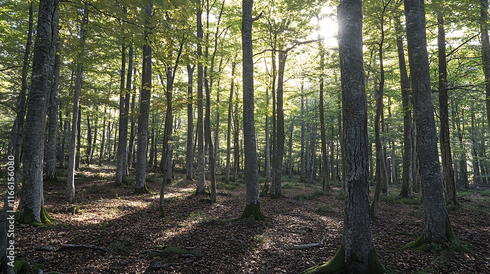 Fototapeta premium Sunlit beech forest with dappled light on the ground and moss.