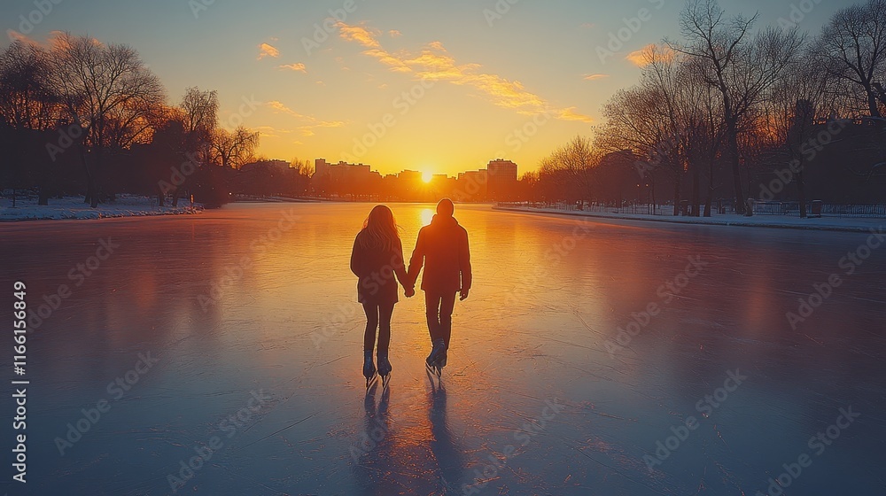 Fototapeta premium Young couple skating hand-in-hand on a quiet frozen pond at dusk