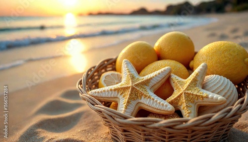 Lemon Sugar Cookies as Seashells and Starfish on Beach Basket