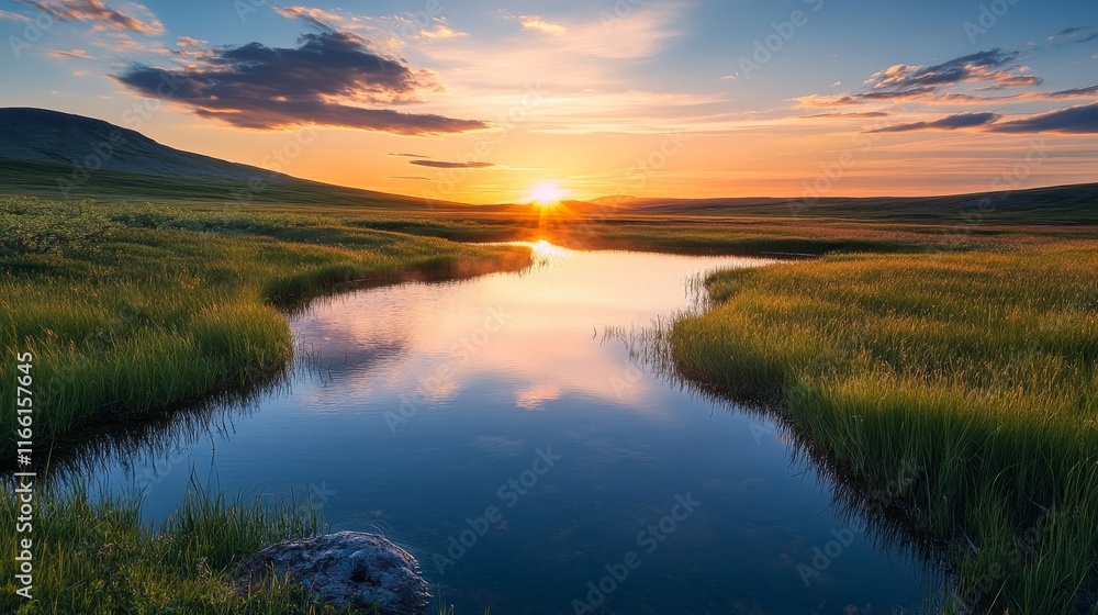 Serene Sunset Over a Tranquil River Surrounded by Lush Green Meadows in a Peaceful Rural Landscape Serene Sunset Over a Tranquil River Surrounded by Lush Green Meadows in a Peaceful Rural Landscape