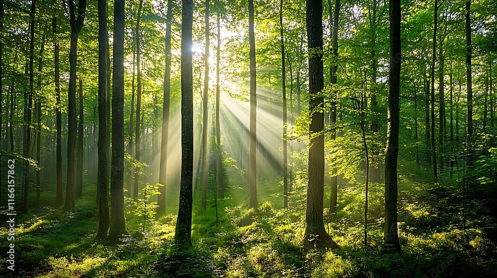 Sunbeams illuminate a lush green forest at dawn. Sunbeams illuminate a lush green forest at dawn.