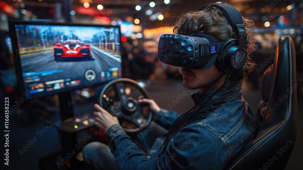 Man wears VR headset, uses racing simulator. Sits in gaming venue, drives virtual car. Simulator setup steering wheel, display. Person experiences virtual reality racing. Gaming tech entertainment Man wears VR headset, uses racing simulator. Sits in gaming venue, drives virtual car. Simulator setup steering wheel, display. Person experiences virtual reality racing. Gaming tech entertainment