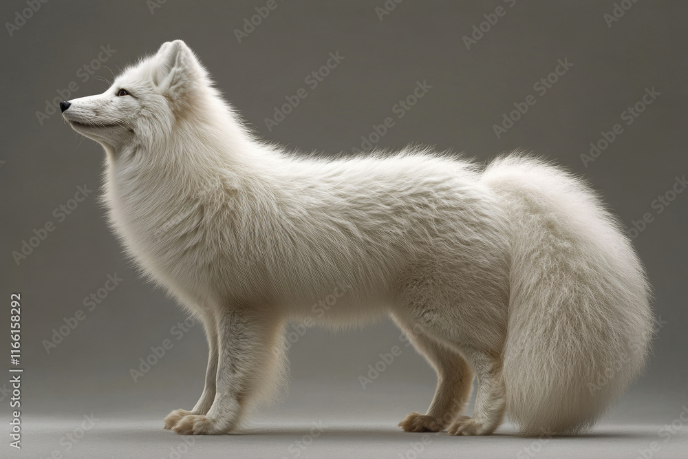 A majestic arctic fox, its thick white fur gleaming against a muted gray background, stands alert and watchful. A majestic arctic fox, its thick white fur gleaming against a muted gray background, stands alert and watchful.