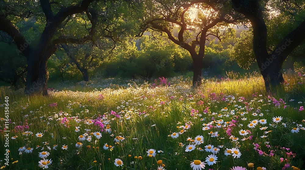 Fototapeta premium Sunlit meadow with wildflowers and trees at sunset.