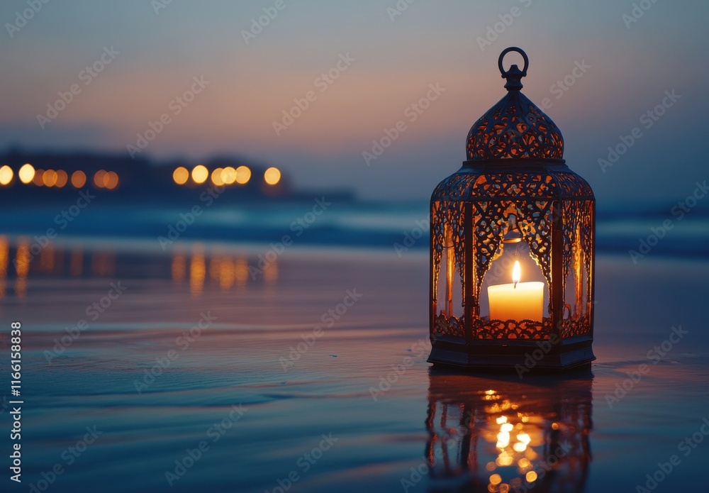 Elegant Lantern with Flickering Candle Light on Seashore at Dusk, Reflecting Warm Glow on Wet Sand Surrounded by Gentle Waves and Soft Ocean Breeze Elegant Lantern with Flickering Candle Light on Seashore at Dusk, Reflecting Warm Glow on Wet Sand Surrounded by Gentle Waves and Soft Ocean Breeze