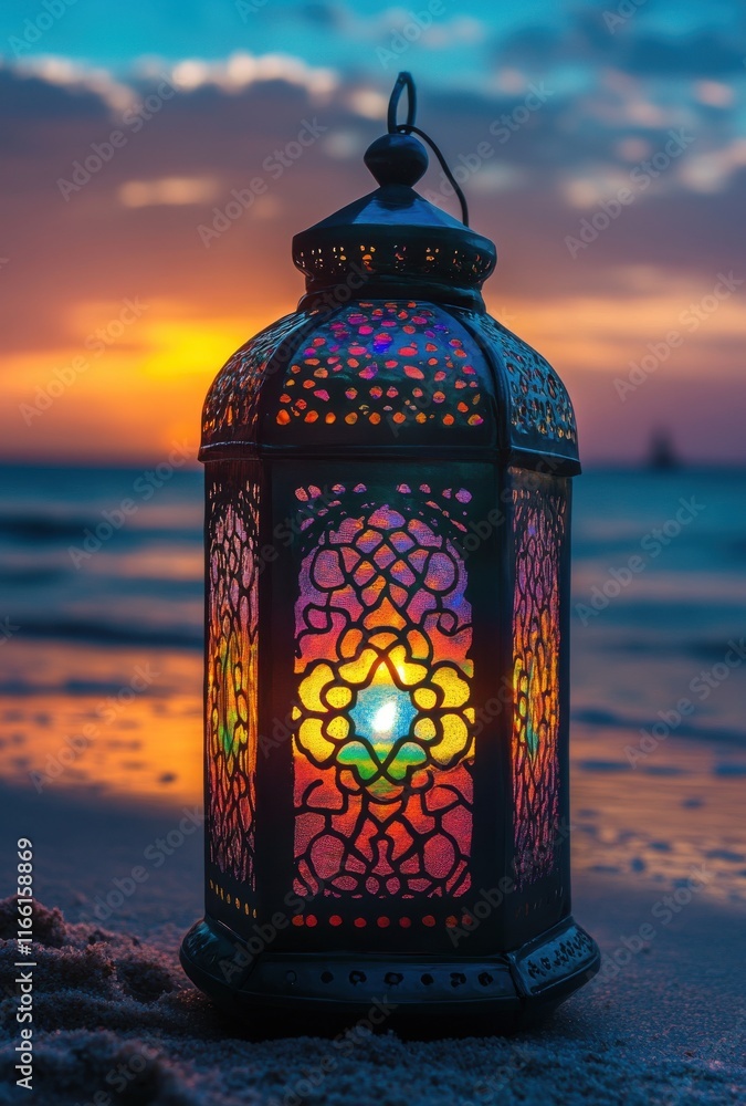 Elegant Lantern with Intricate Patterns Illuminating at Dusk by the Shoreline, Creating a Magical Atmosphere with Vibrant Colors under a Beautiful Sunset Sky Elegant Lantern with Intricate Patterns Illuminating at Dusk by the Shoreline, Creating a Magical Atmosphere with Vibrant Colors under a Beautiful Sunset Sky
