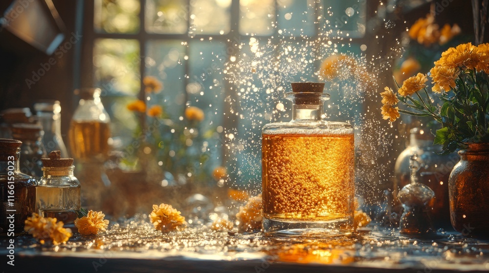 Rustic bottle of amber liquid with floral decor Rustic bottle of amber liquid with floral decor