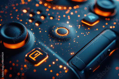 Close-up of a futuristic game controller with glowing orange accents, showcasing intricate details and a sleek design. photo