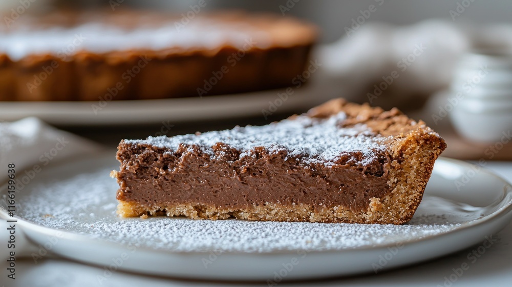 Slice of chocolate tart with powdered sugar. Slice of chocolate tart with powdered sugar.