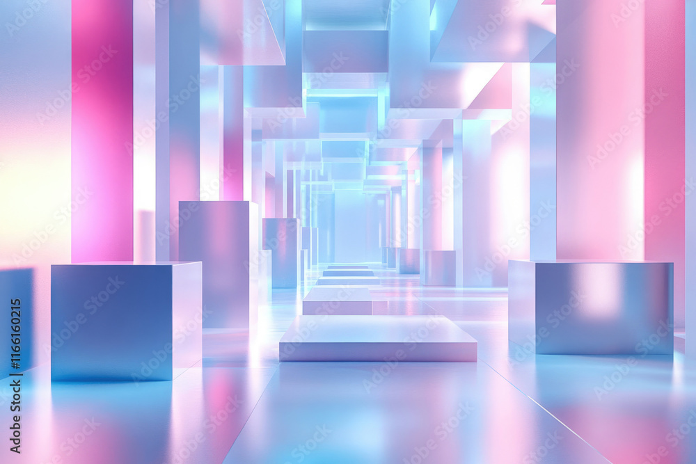 Abstract pastel-colored geometric hallway with reflective surfaces and neon lighting. Abstract pastel-colored geometric hallway with reflective surfaces and neon lighting.
