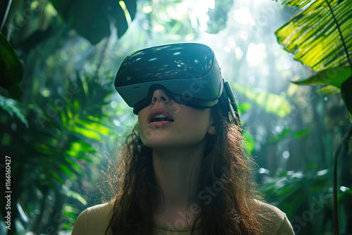 Fototapeta Naklejka Na Ścianę i Meble -  A young woman wearing a VR headset, immersed in a lush, virtual jungle environment.