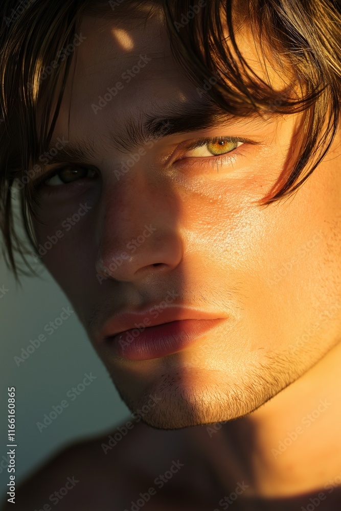 A man with a green eye stares at the camera. The light is shining on his face, making his eyes appear bright and intense A man with a green eye stares at the camera. The light is shining on his face, making his eyes appear bright and intense