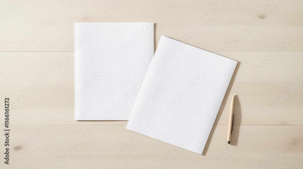 Two white sheets of paper lie on light beige wooden table. Blank paper mockups. Empty pages await design content. Simple office presentation template. Flat lay view. Natural wood surface. Clean, Two white sheets of paper lie on light beige wooden table. Blank paper mockups. Empty pages await design content. Simple office presentation template. Flat lay view. Natural wood surface. Clean,